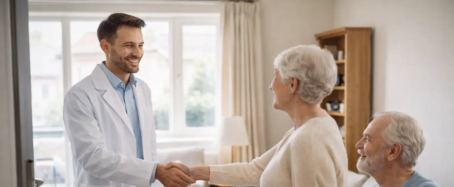 Foto eines Hausbesuches. Der Arzt schüttelt die Hand einer Patientin.