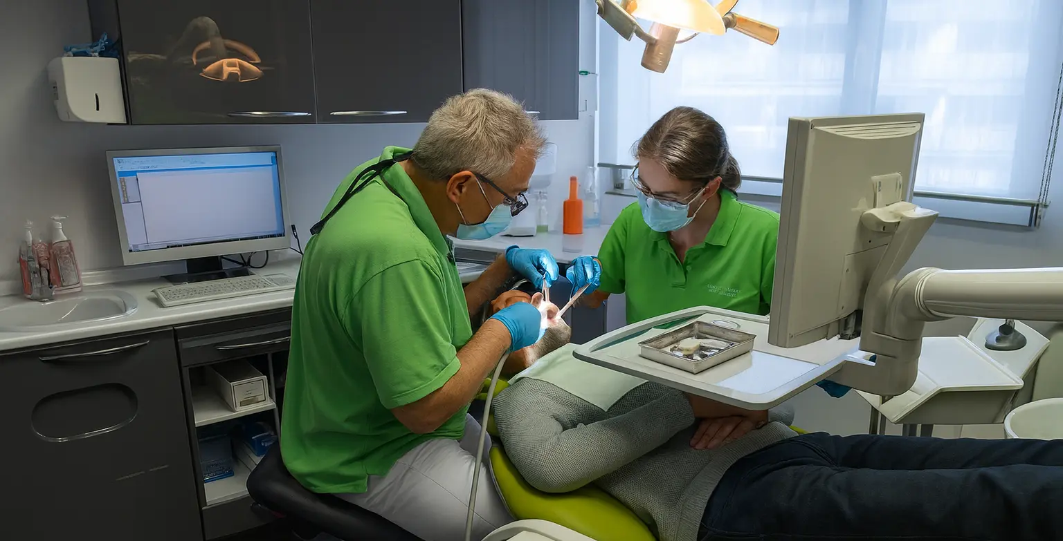 Foto einer Wurzelkanalbehandlung. Ein Mann bekommt vom Arzt und der Assistentin eine Behandlung.
